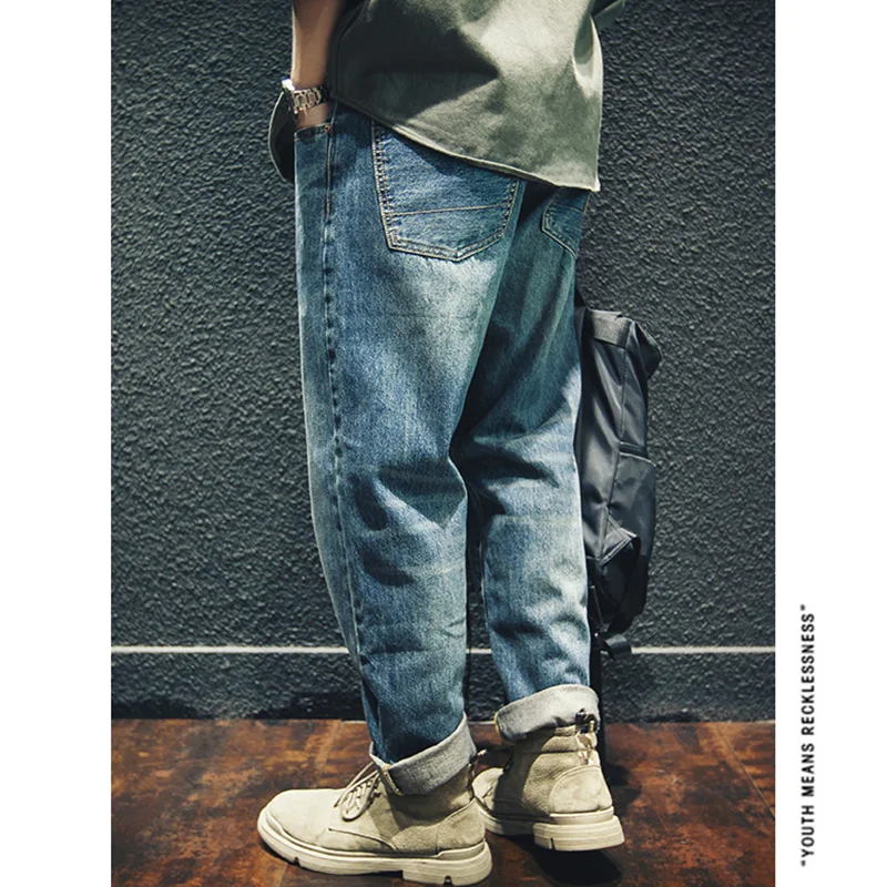 Streetwear Men 2022 Fashion New Pattern Vintage Recreational Blue Jeans Loose Straight Cylinder Broad Leg Trousers Autumn Female