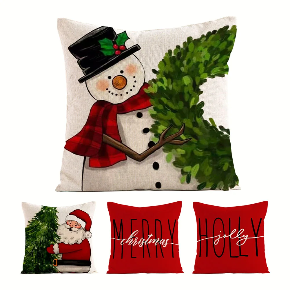 

4Pcs Linen Merry Christmas Pillow Cover Throw Pillowcase Christmas Decorations 45x45cm For Home Santa Claus Sofa Cushion Cover