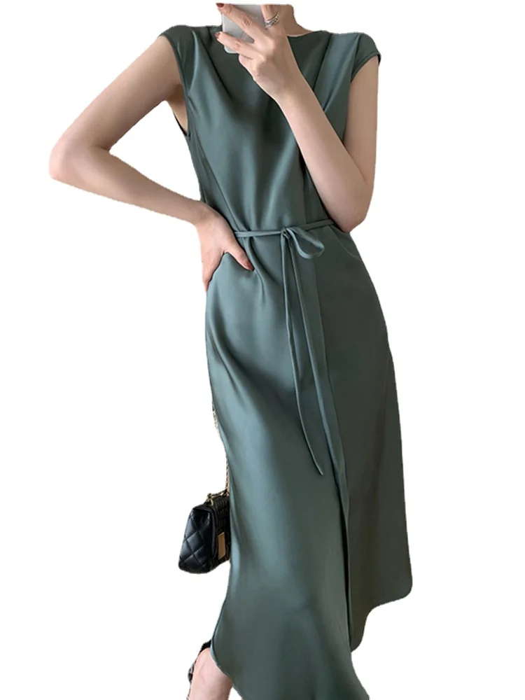 

2022 Summer Sexy Party Satin Silk Dress for Women Short Sleeve Bandage Long Dresses