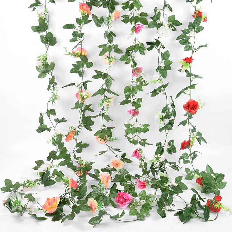 

1pc 2.2m Artificial Rose Green Leaf Flower Rattan Wedding Banquet Background Wall Pendant Holiday Party Garden Simulation Flower