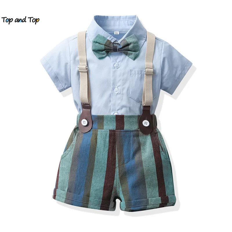 

top and top New Summer Toddler kids Boys Gentleman Clothing Sets Short Sleeve Bowtie Shirts+Suspenders Shorts Boy Formal Suits