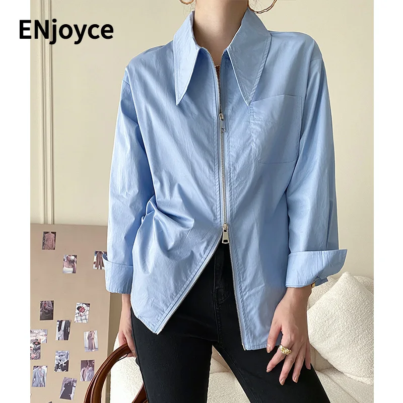 

Spring Autumn Fashion Double-head Zipper Placket Shirt Solid Color Basic Pointed Collar Blouses Simple Casual Elegant Top Women