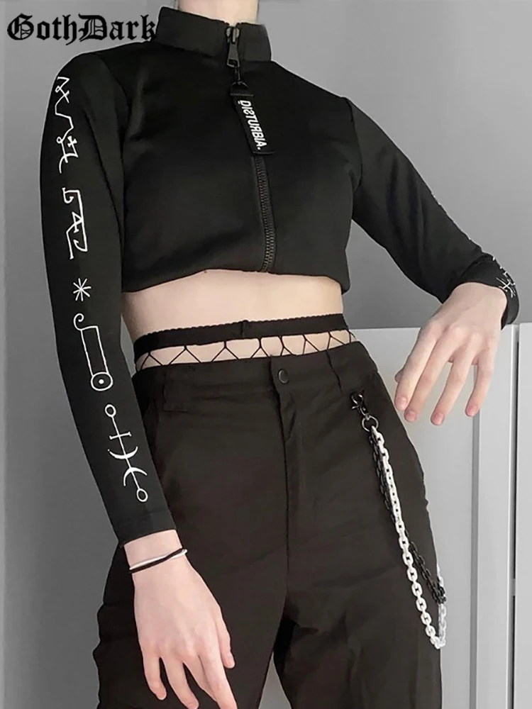 

Goth Dark Mall Gothic Aesthetic Emo Women Jackets Zip Up Grunge Punk Mock Neck Black Crop Tops Slim Print Long Sleeve Alt Clothe
