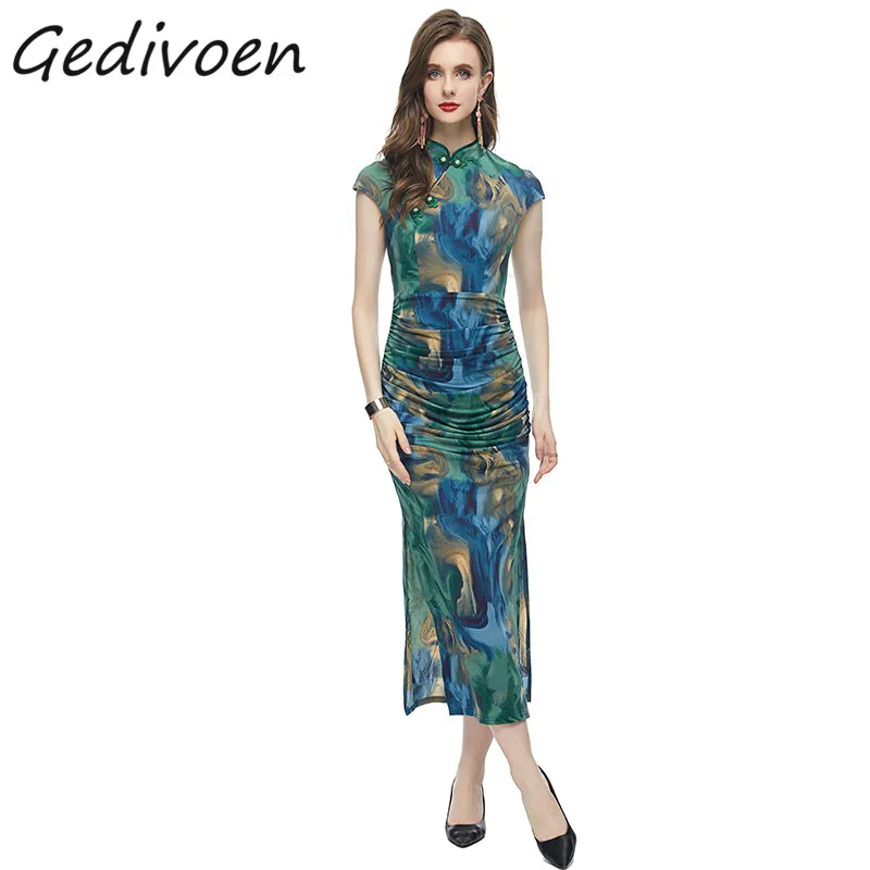 

Женское винтажное платье Gedivoen, летнее модельное платье с разрезом на ягодицах, длинное платье с воротником-стойкой, пуговицами, высокой эластичной талией и принтом
