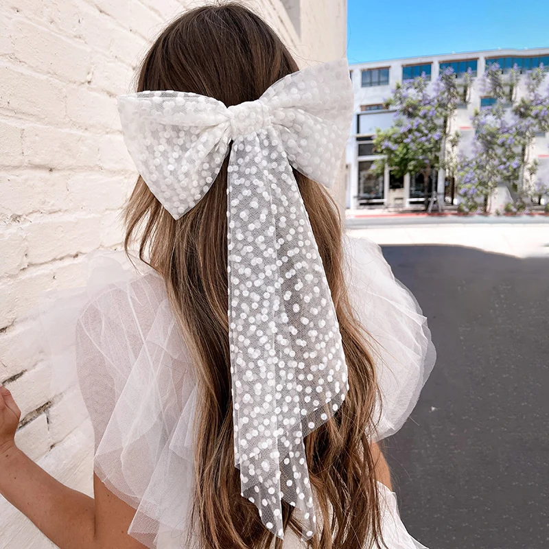 

Fashion Net Yarn Bow Hairpin Girls Oversize Solid Polka Dot Bowknot Long Swallowtail Ribbon Hair Clip for Women Headwear New