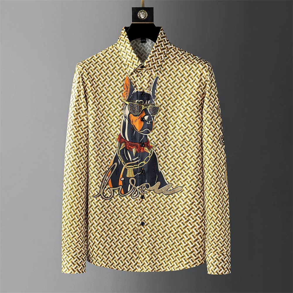 

Rhinestone Animal Print Shirt Men Long Sleeve Business Casual Shirts Vintage Social Camisa Masculina Banquet Party Tuxedo 2023
