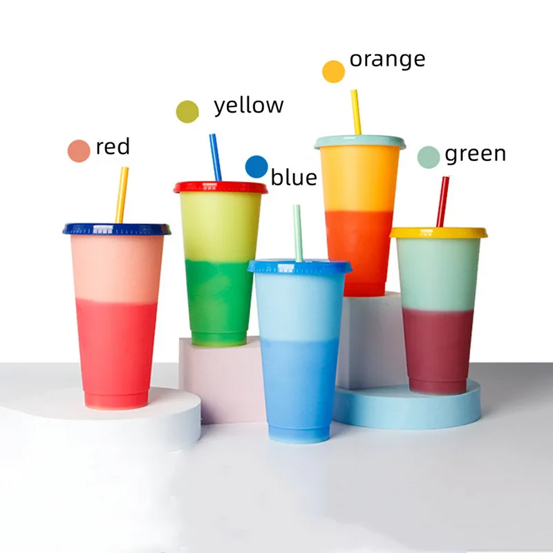 

710ml 5PCS Reusable color changing mug Drinks Cups with Lid Straw Cold High Capacity Drinkware Bottle tea cup coffee beer cups