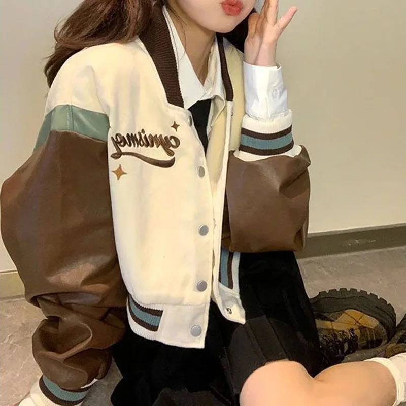 

Deeotown Y2k Harajuku Cropped Baseball Jacket Letter Print Sweet Oversized Coat Women Leather Jackets Korean Fashion Streetwear