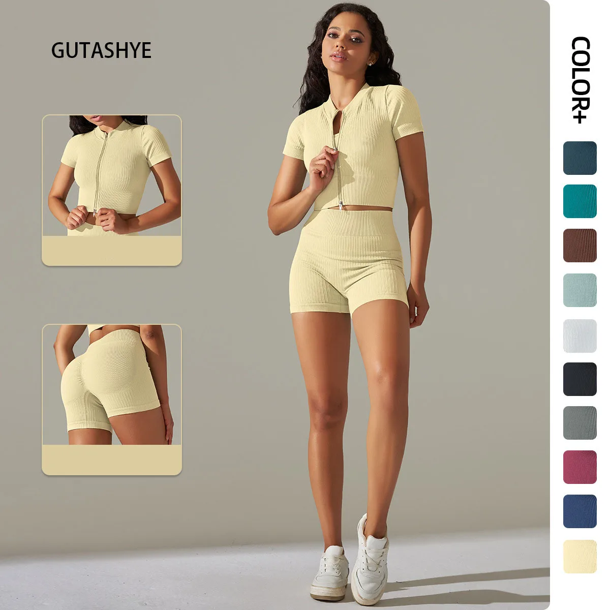 

Бесшовная Женская Спортивная одежда на молнии для фитнеса, одежда для тренировок, короткий топ с коротким рукавом, шорты с высокой талией, комплект для спортзала