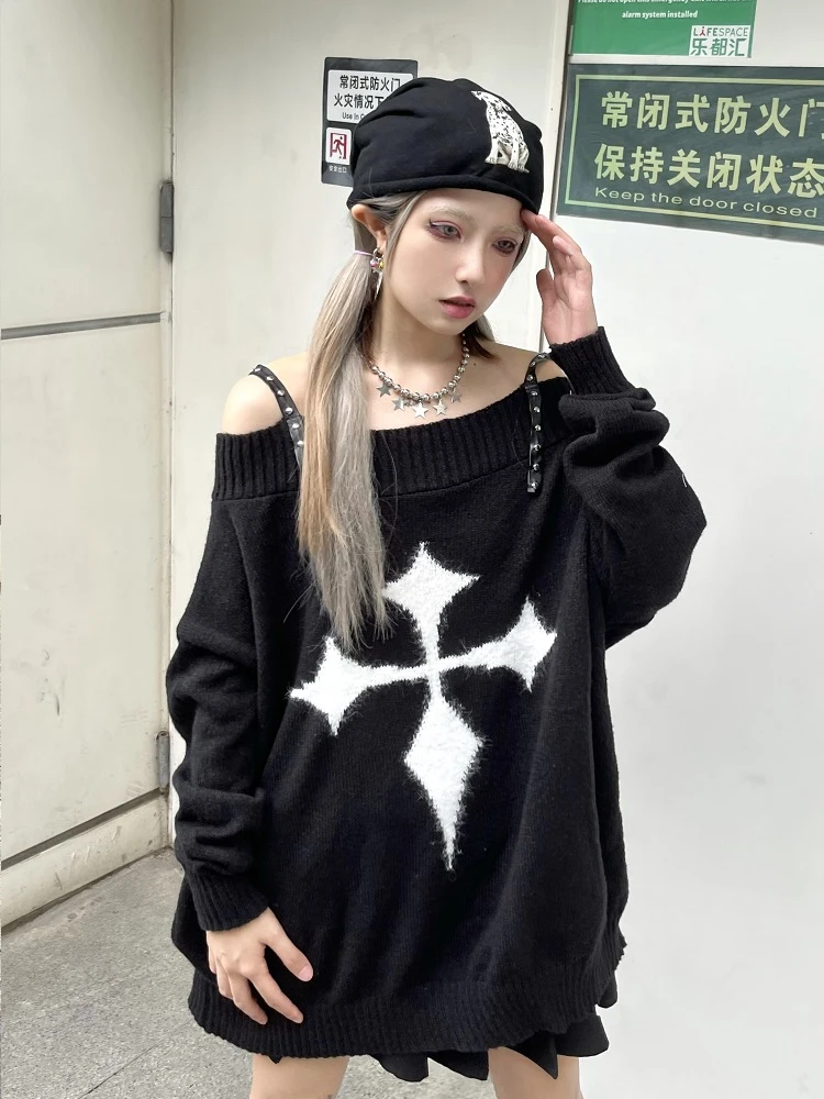 

Autumn Winter New Slash Neck Off Shoulder Knits Cross Print Gothic Sweater Women Fashion High Street Y2k Long Sleeve Tops