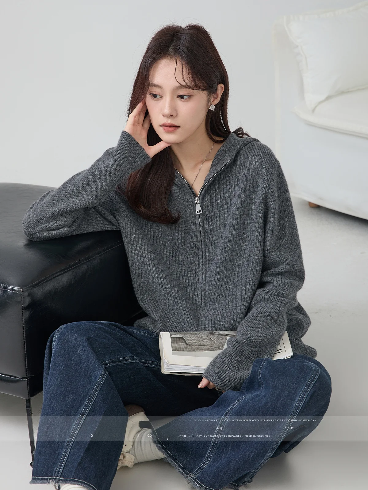 Momade Idle Sle полумолния с капюшоном вязаный женский пуловер на осень и зиму 2024 новый