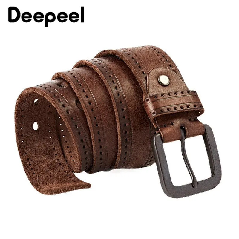 Deepeel 3.8*110-120cm Men's Leather Belt Alloy Pin Buckle First Layer Cowhide Waistband Business Casual Jeans Decoration Girdle