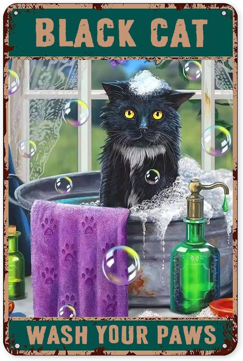 Винтажный забавный кот металлический жестяной знак Черный мыть ваши лапы для