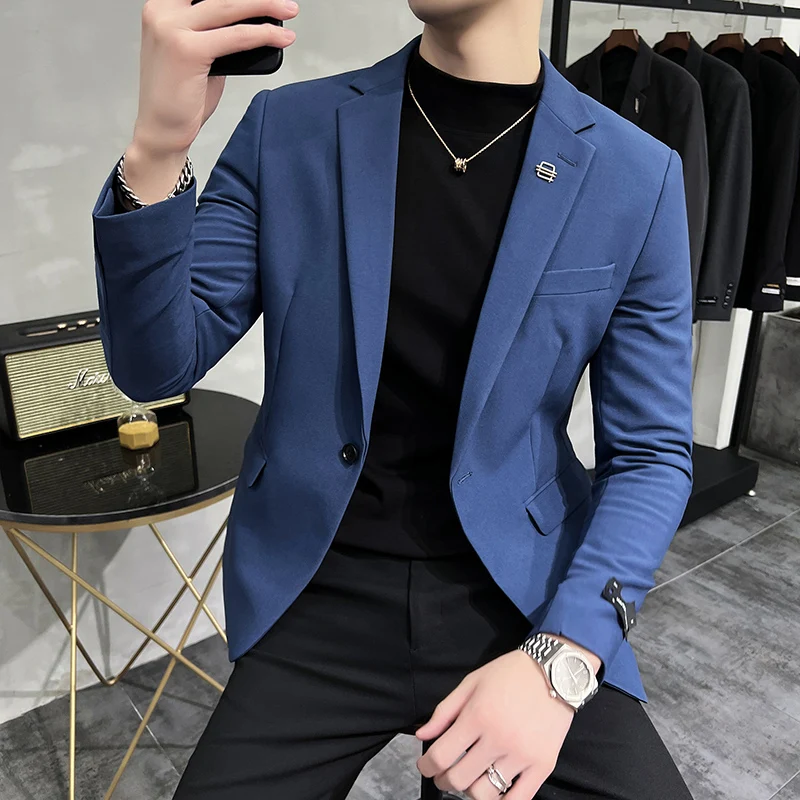 2022 Spring Solid Color Glossy Men Blazers Wedding Business Blazer Masculino British Style Casual Slim Suit Jacket Male Clothing