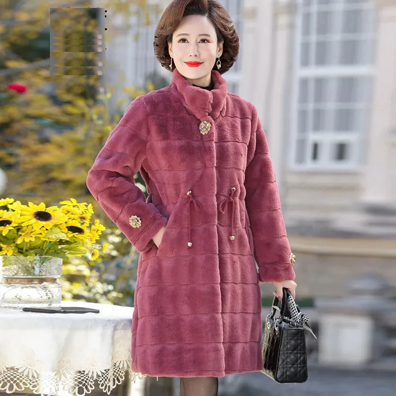 Mink Fleece Winter Warm Wool Blends Coat Office Mid-Length Fashion Fur Collar Casual Coats Jacket Women