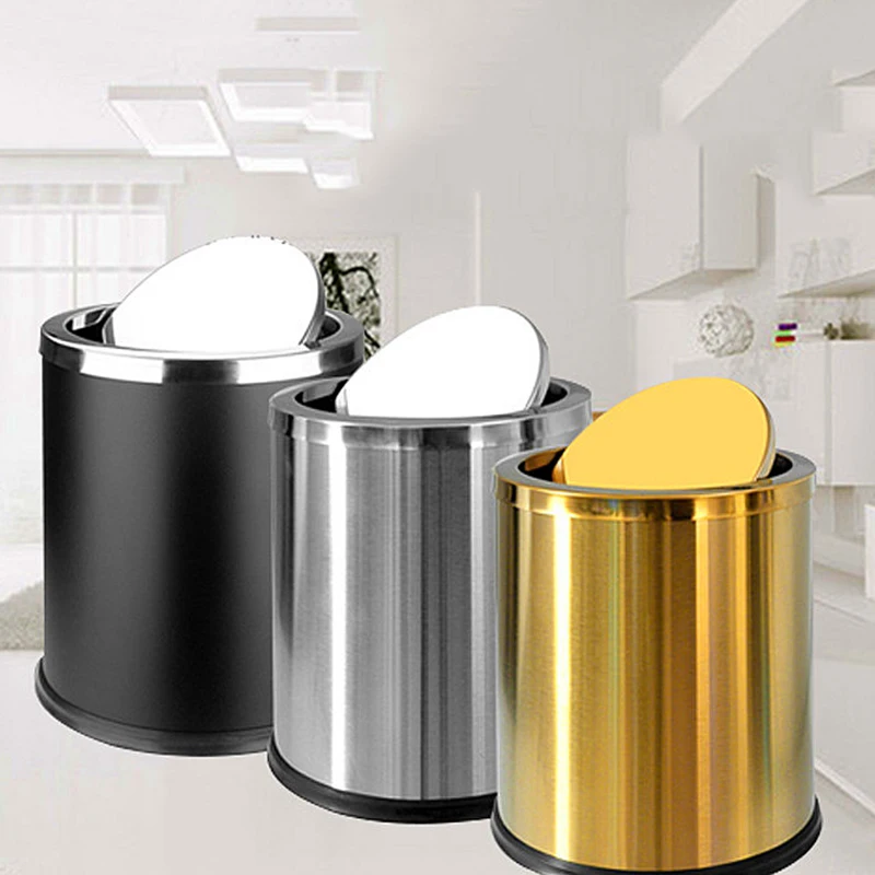 

Elegant Organizer Trash Can Stainless Steel Modern Waterproof Trash Can Golden Rocking Cover Type Cubo De Basura Cleaning Tools