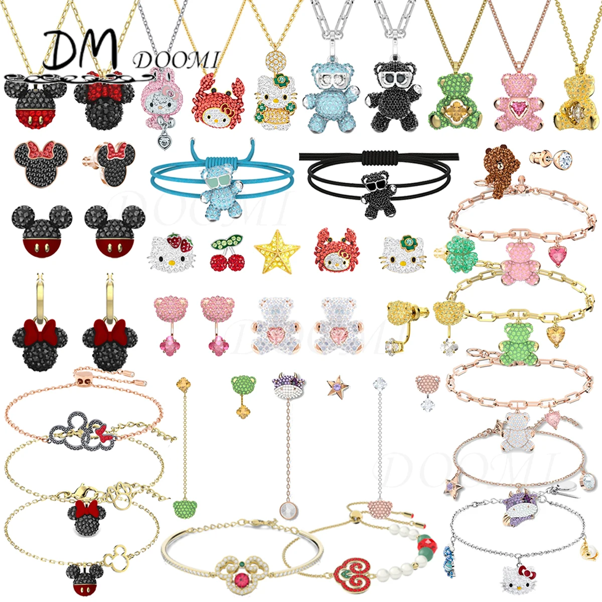 

2023 Fashion Jeweslry Set Green Pink Bear Necklace Red Cute Animal Series Shiny Austrian Crystal High Quality Earrings For Women