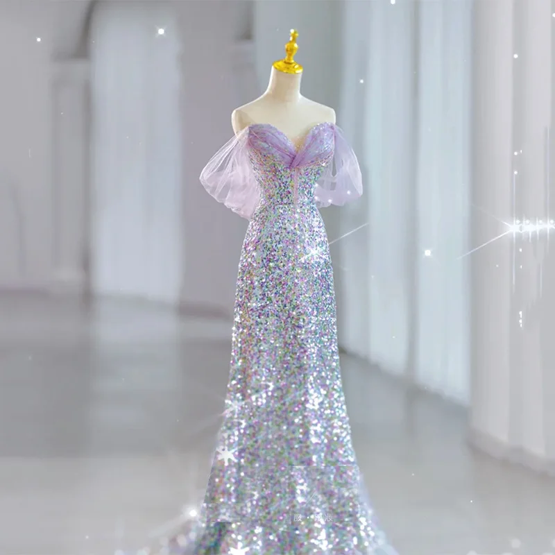 Fairy Light Purple Long Mermaid Evening Dresses Women Sparkly Sequin Off Shoulder Formal Party Prom Gowns Vestidos Robe