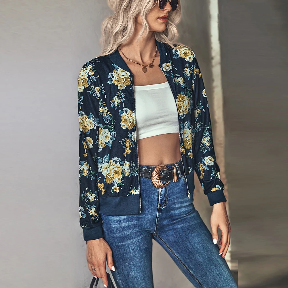 

Autumn Bomber Jackets Women Clothes Flower Print Baseball Jacket Casual Stand Collar Zipper Slim Coat Female Elegant Outwear Top