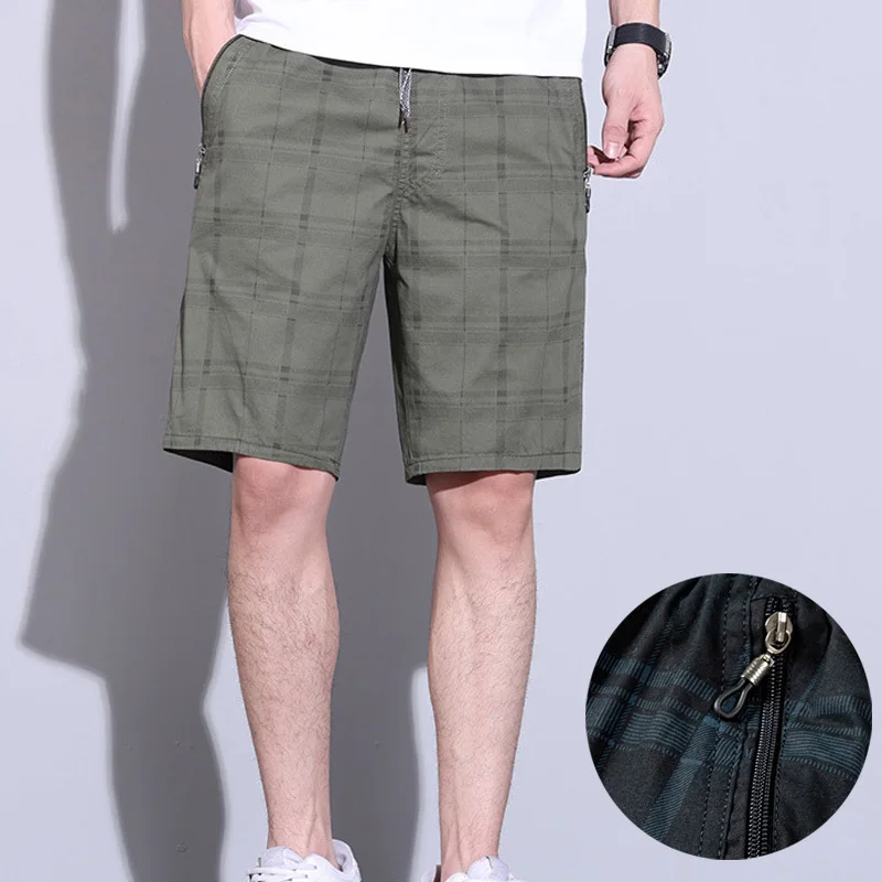 

100% Cotton Twill Plaid Shorts Men Zipper Pockets Comfort Stretch Drawing Waist Casual Mens Shorts Plus Size 4XL 5XL For Big Man