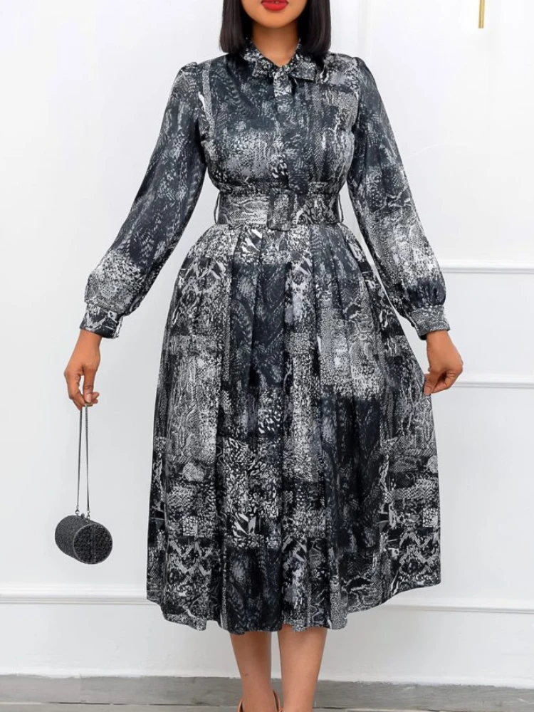 Belt Spring Long Sleeve High Waist Printed Large Size elegant dresses plus size women clothing