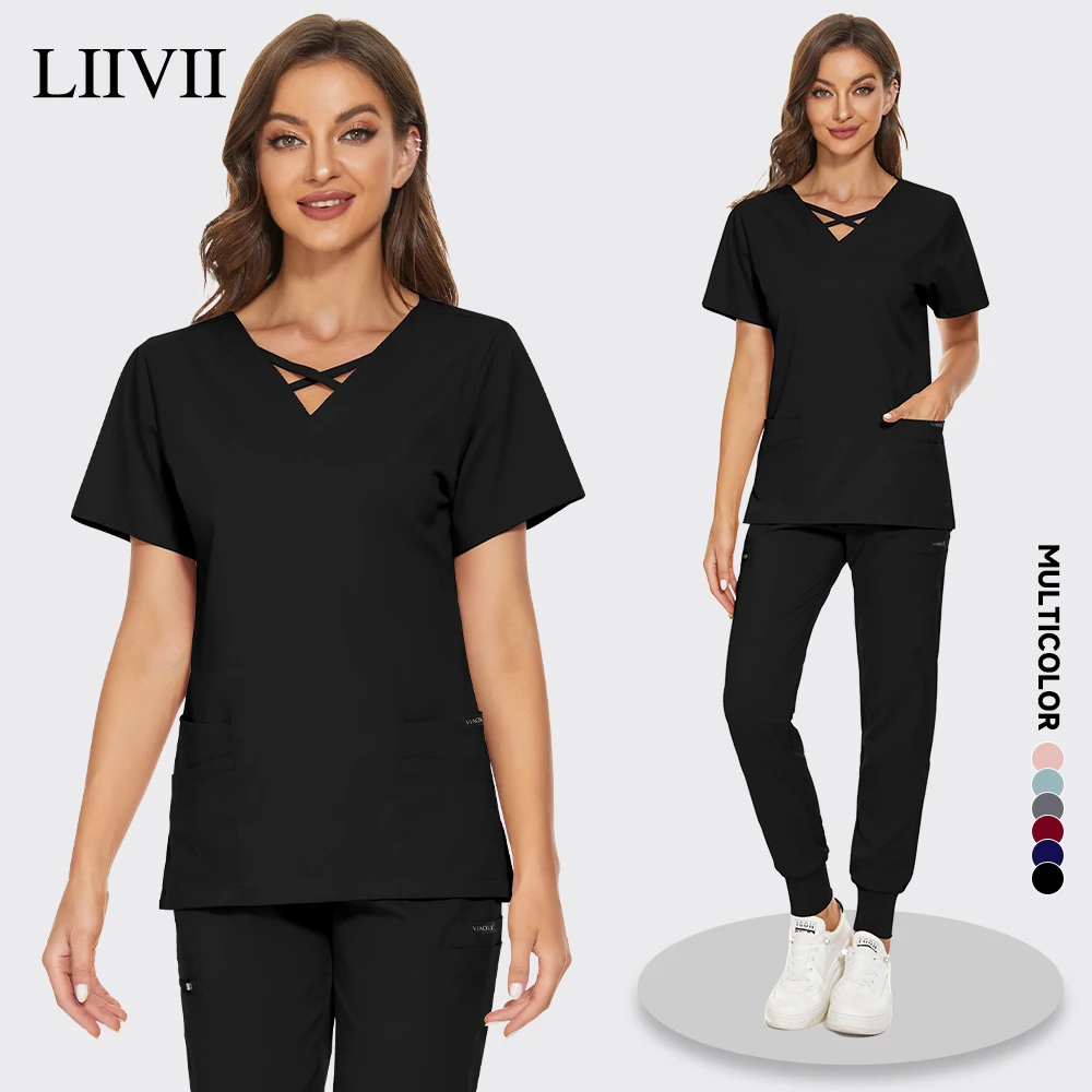 

High Quality V-neck Scrub Suits Medical Accessories Beauty Salon Nursing Elastic Waist Pants Unisex Breathable Surgery Uniforms