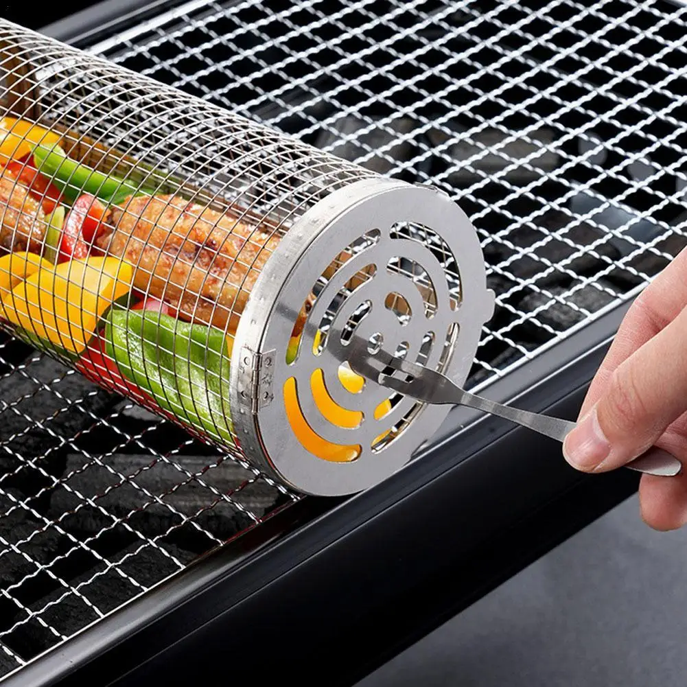 

Grilling Stainless Barbecue Leakproof Basket Steel Rolling Outdoor Mesh Picnic Camping Grill Cylindrical Rack Simple