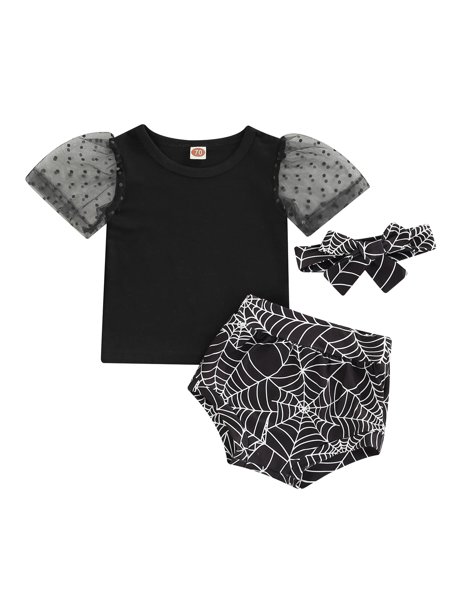 

3Pcs Halloween Baby Girls Outfit Toddlers Round Collar Mesh Splicing Short Sleeve Tops Spider Web Printing Shorts