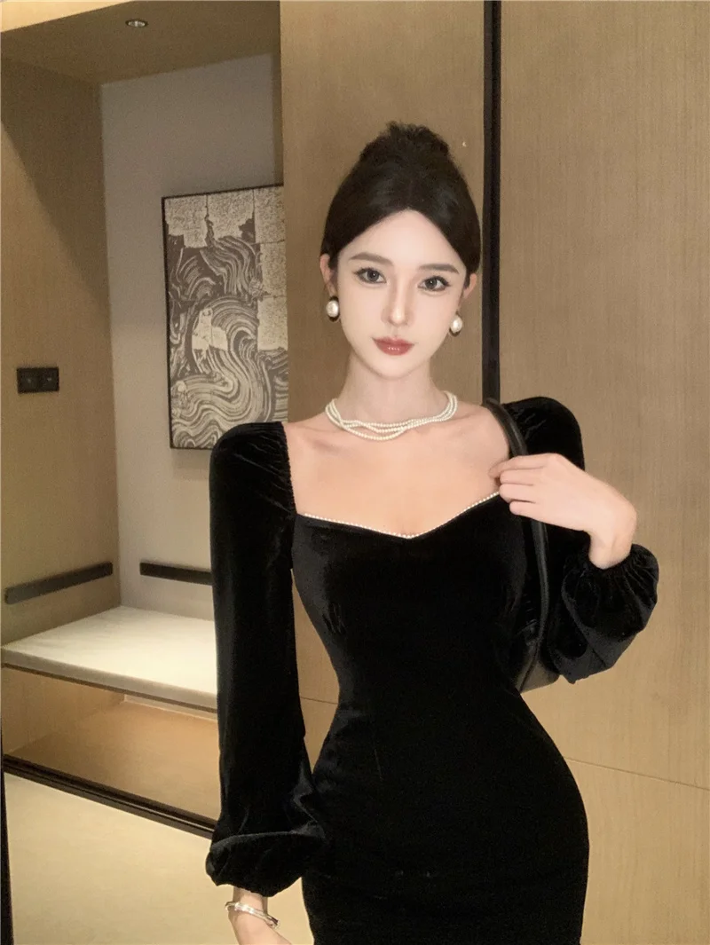 Черное бархатное платье с длинными рукавами в стиле ретро Hepburn Sle женское