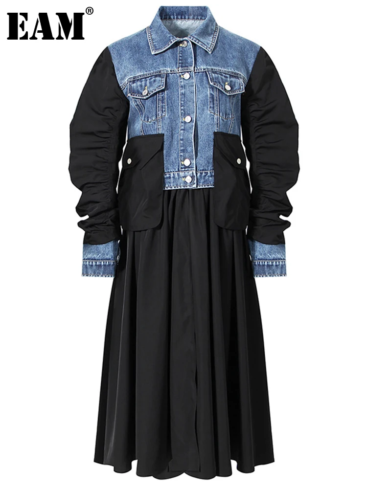 [EAM] женский черный плиссированный длинный джинсовый Тренч большого размера