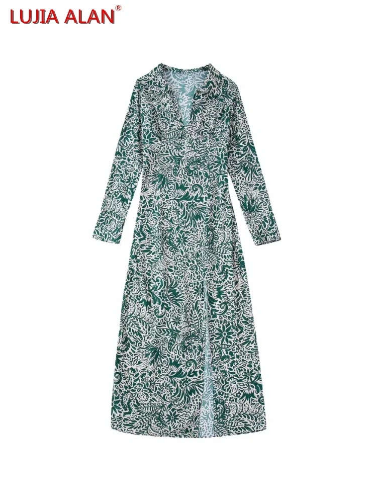 

Женское зеленое платье-миди с цветочным принтом, V-образным вырезом и Боковым Разрезом, женское уличное платье с длинным рукавом, Vestidos LUJIA ALAN ...