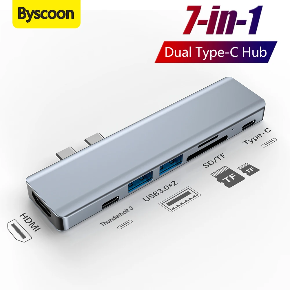 

Byscoon Dual Type C HUB 7 Ports Multi Hubs USB C HUB 4K HDMI-Compatible PD USB 3.0 SD TF Adapter Aluminum Alloy Docking Station