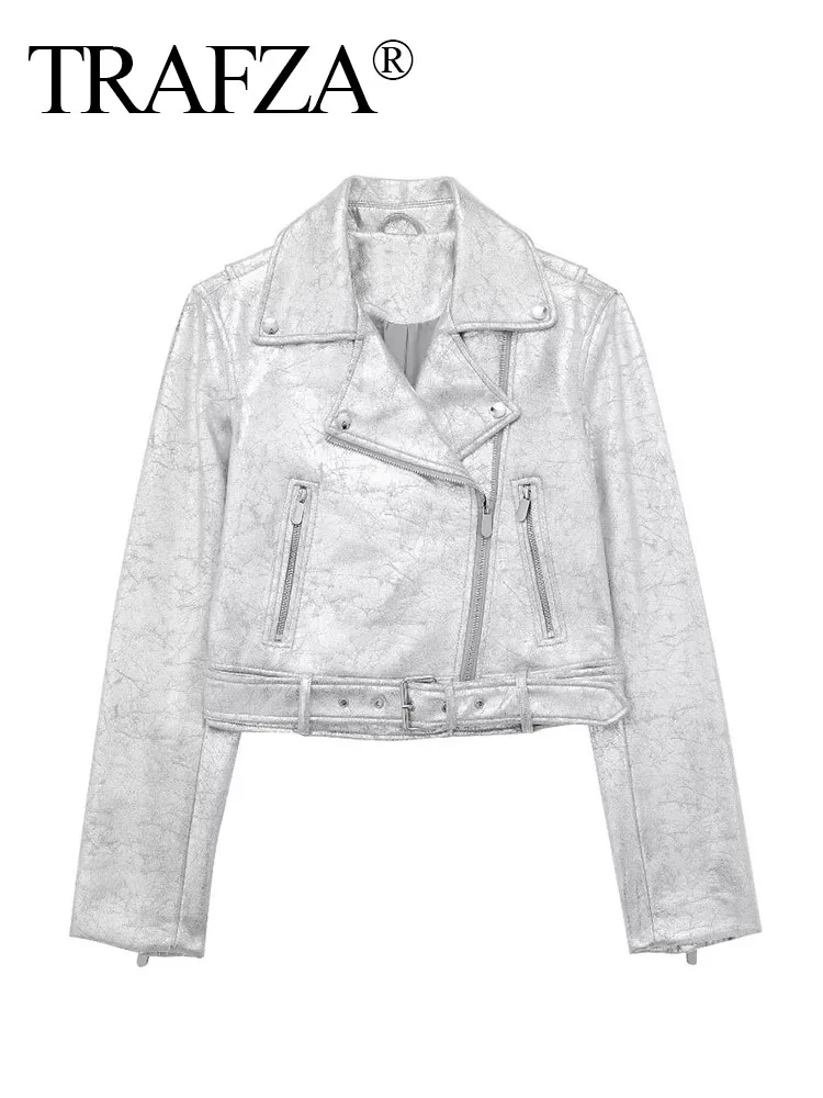 

TRAFZA 2023 Elegant Woman Silver Metal Cropped Jacket For Women Streetwear Moto Biker Zipper Jacket Female Long Sleeve Coat