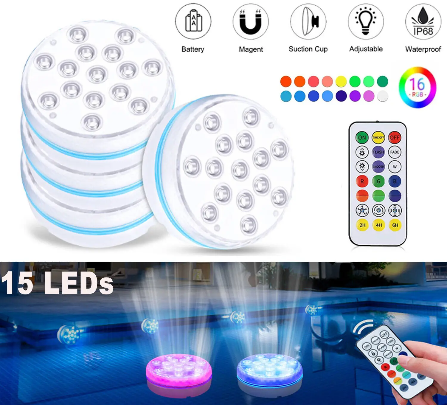 15 LED Submersible Swimming Pools Lights Outdoor Waterproof Fountain Underwater Lights with Remote Night Lamp Decor for Aquarium