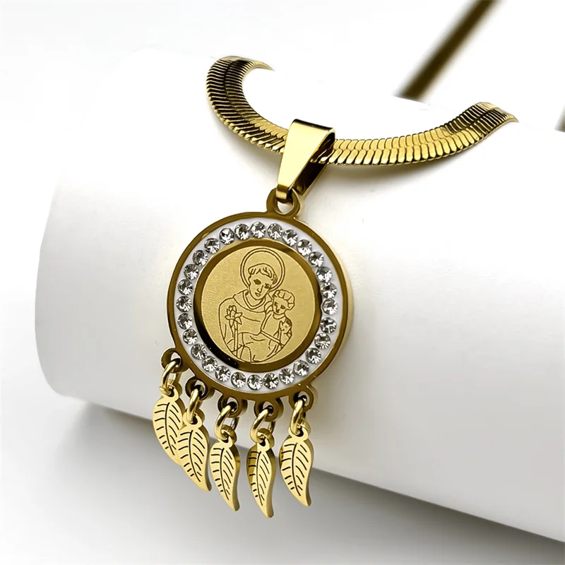 Девы Марии держит детский лист с кисточкой и кристаллами кулон ожерелье для