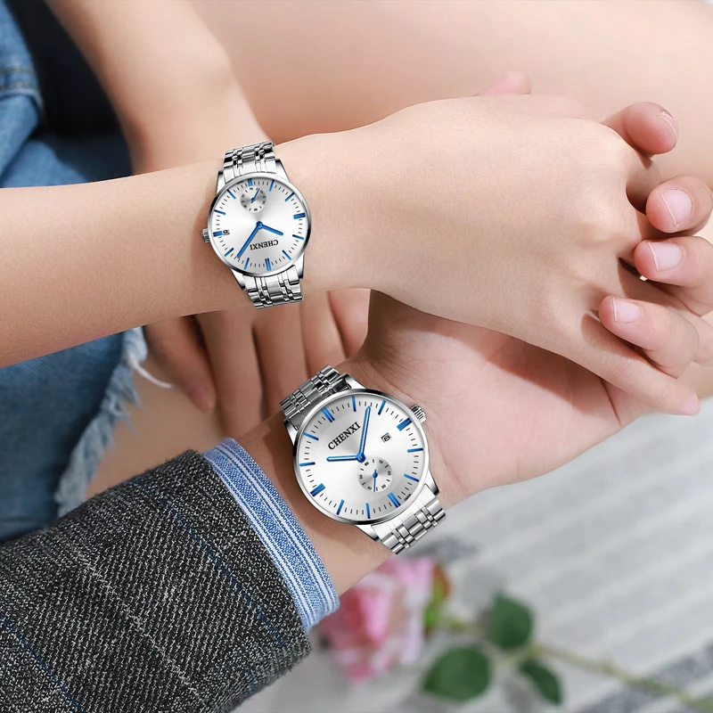CHENXI Couple Watch Large Dial 43mm Ultra-thin Simple Men Watch Stainless Steel Quartz Date Watch For Women Gifts Lover Watches