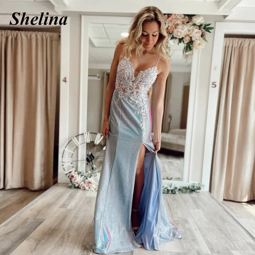 

Shelina Gorgeous Trumpet Glitter Slit Prom Evening Dress V-neck Backless Appliques Straps Vestidos Robes De Soirée Customized