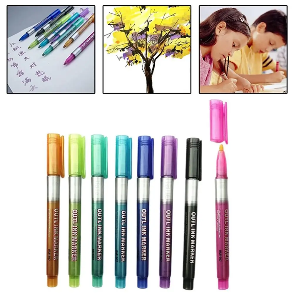 

8 цветов, металлические двусторонние художественные маркеры, ручка с линиями, канцелярские принадлежности, художественные ручки для рисования, для каллиграфии, надписи, скрапбукинга