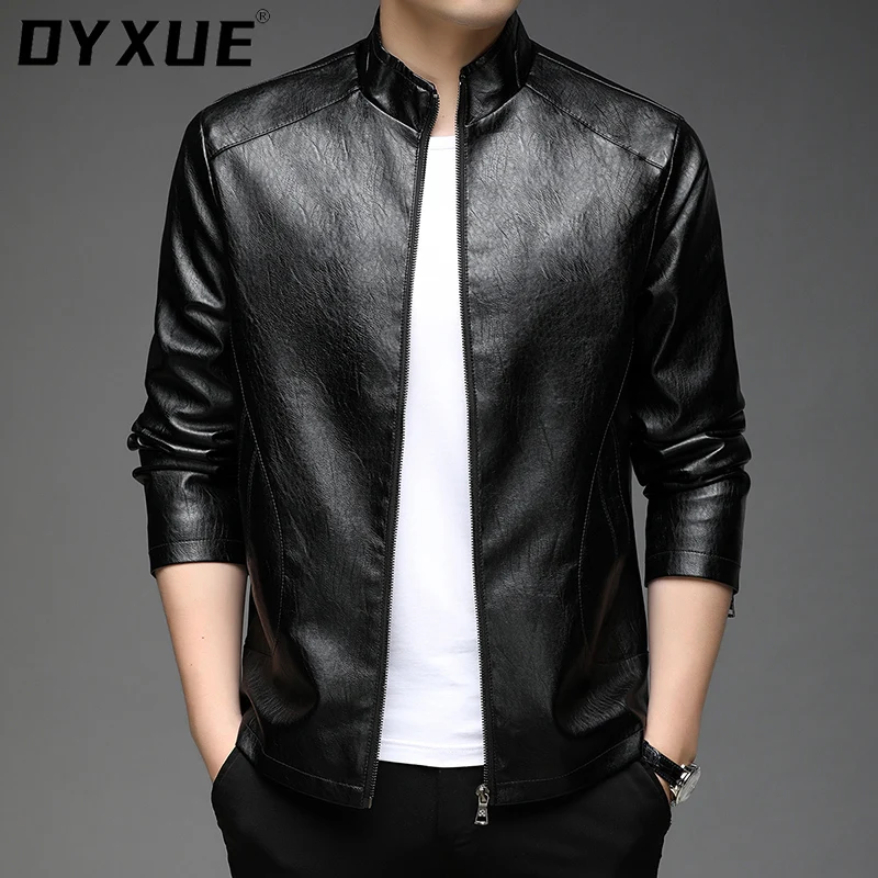 

High End stand collar Leather Jackets for Men Casual Korean Long Sleeve Pocket Spring Autumn Lapel Classic Fashion Pure Color