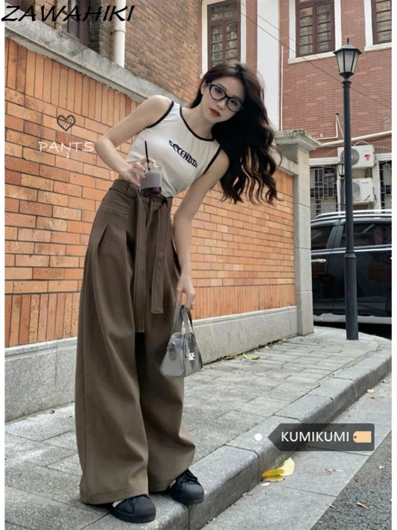 

Американские повседневные свободные широкие однотонные женские брюки с высокой талией, прямые плиссированные Модные Винтажные летние универсальные брюки