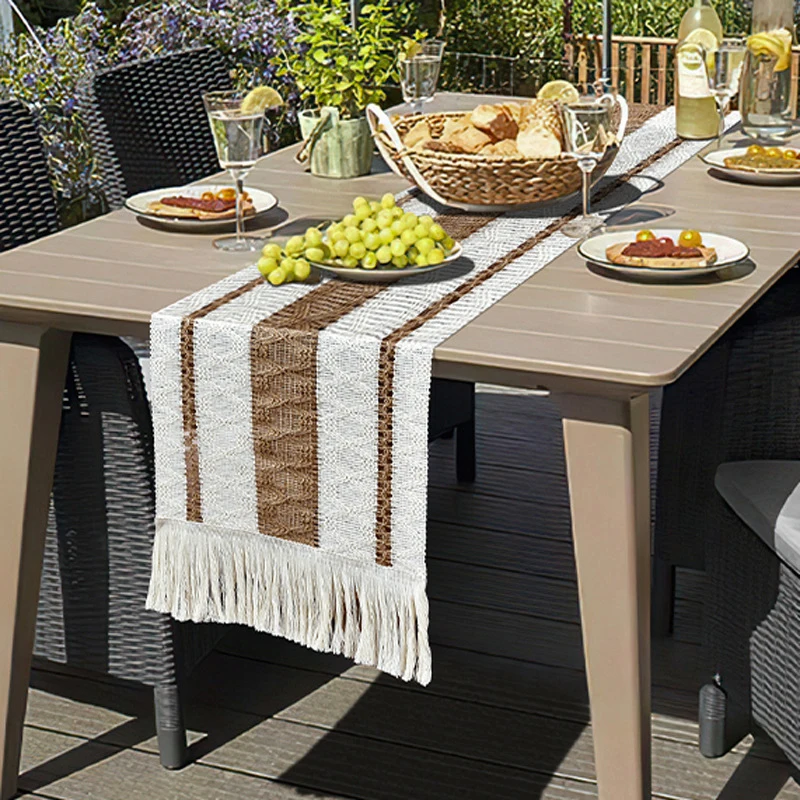 

Beige Woven Table Runner With Tassel Bohemian Wedding Decoration Table Runner Edges Dining Tablecloth