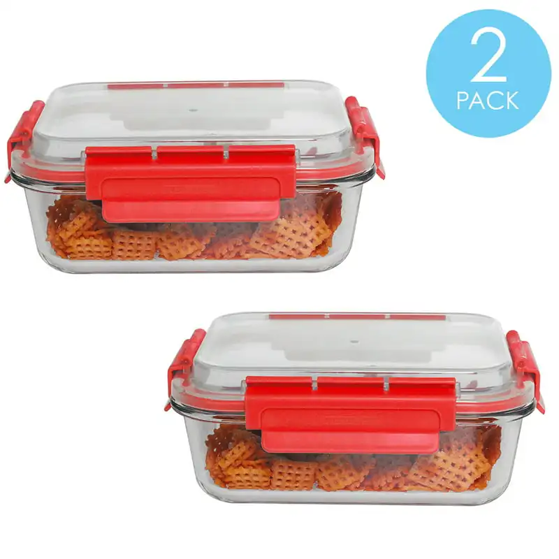 

oz. Rectangle Leak and Spill Proof Borosilicate Glass Food Dishwasher Safe Meal Prep Container with Air-tight Plastic Lid, Red
