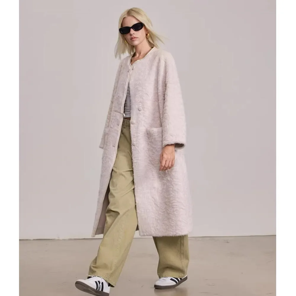 Зимнее кремово-белое лохматое пальто из искусственного кроличьего меха шикарная