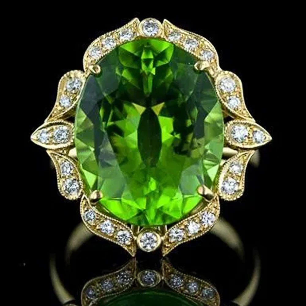 

NEW Luxury Big Oval Green Stone Women Finger Ring for Party Gold Color Noble Lady's Ring Fine Birthday Gift Statement Jewelry