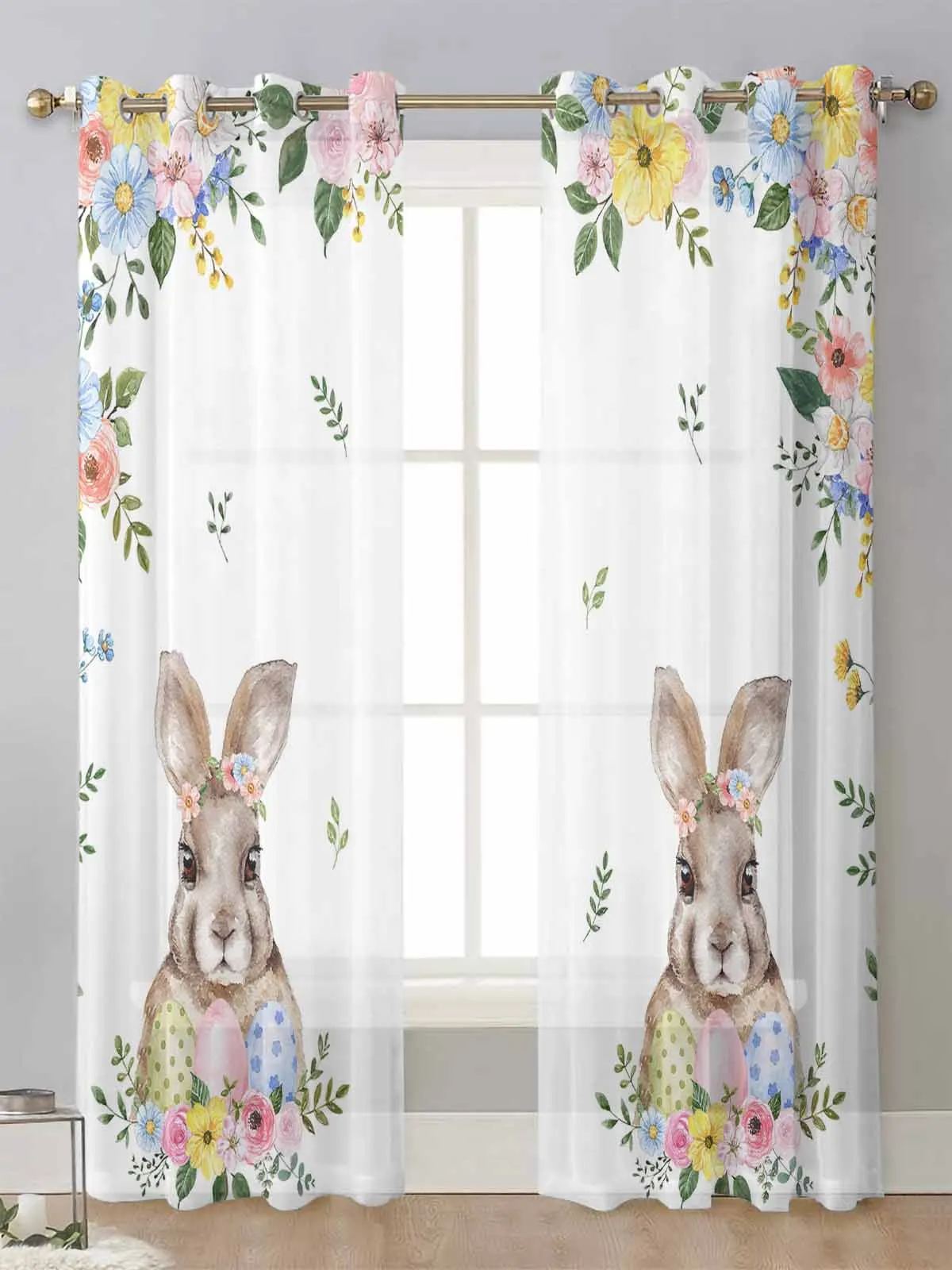 

Easter Rabbit Spring Wild Flowers Sheer Curtains For Living Room Window Voile Tulle Curtain Cortinas Drapes Home Decor