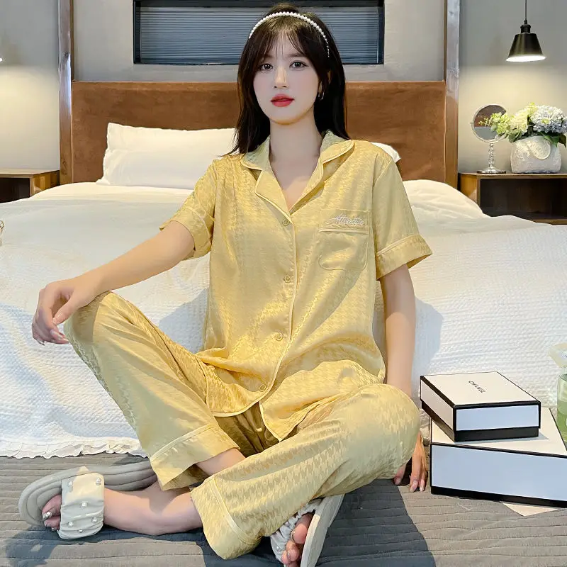 Summer New in Women's Pajamas Free Shipping Senior Sense Short Sleeves Ice Silk Women's Home Clothes Sets Loose Thin Trousers