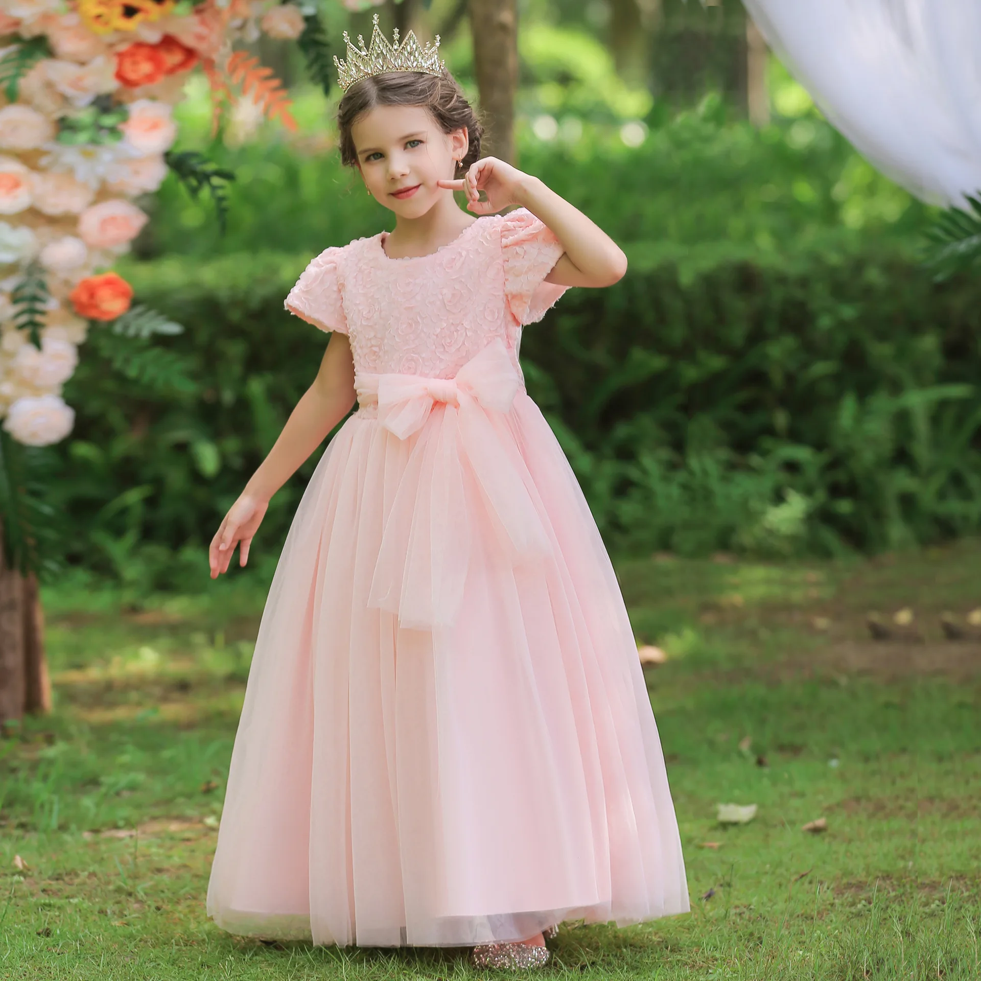 

Girls Party Evening Dresses Autumn New Fashion Puff Sleeve Mesh Girl Princess Dress Long Big Bow Children Ball Gown Kids Clothes