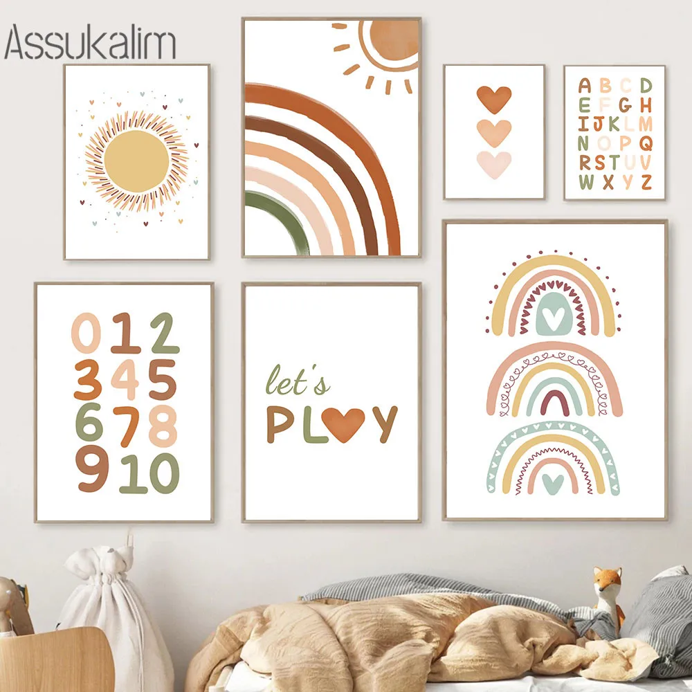 

Sunshine Rainbow Prints Numbers Alphabet Wall Art Poster Nursery Canvas Painting Nordic Wall Pictures For Baby Room Decoration