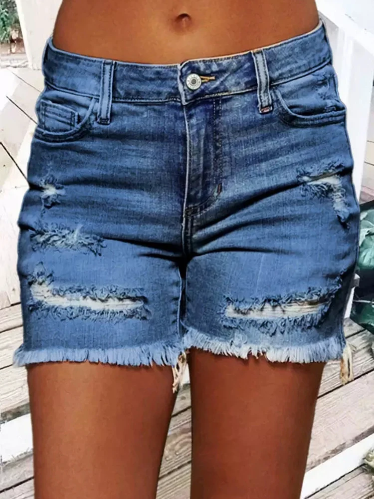 

Ripped Hole Frayed Denim Shorts High waist women's jeans 2022 fashion street ripped denim shorts loose printed blue denim shorts
