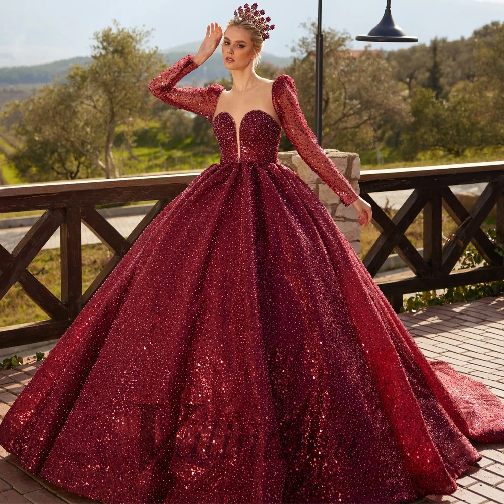 

Valintimu Modern Long Sleeves Evening Dresses For Wedding Quinceanera Dresses Beadings Sequin Bling Customised Robes De Soirée